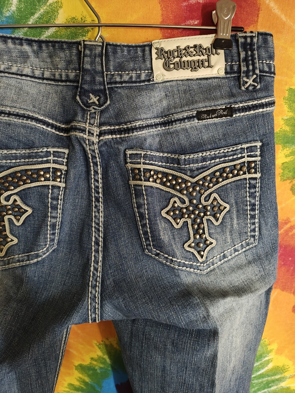 Rock & Roll Cowgirl Blue Studded Cross Pocket Bootcut Jeans